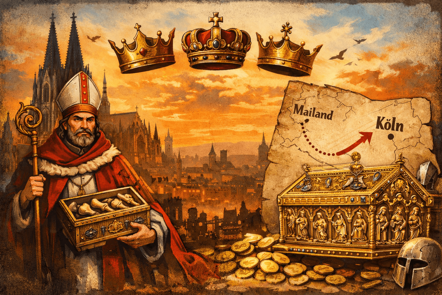 Illustration zur Geschichte der Heiligen Drei Könige in Köln mit Kölner Dom, Dreikönigsschrein, Rainald von Dassel und einer Karte von Mailand nach Köln (Quelle: ChatGPT)